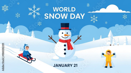 World Snow Day illustration with a snowman children sledding and making snow angels celebrating winter fun on January 21st flat design vector