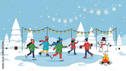 Children ice skating in a snowy park with a snowman and campfire festive winter scene with string lights and snowflakes perfect for holiday greetings and seasonal promotions