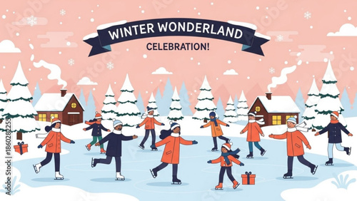 Winter wonderland celebration with people ice skating around decorated houses and snow-covered trees festive holiday scene for greeting cards and invitations