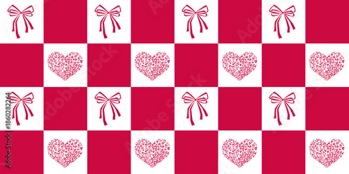 Seamless pattern with coquette pink satin bows and hearts for Valentine's day. Romantic vector checkered background