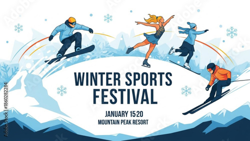 Winter sports festival illustration with snowboarder ice skaters and skier promoting an event at Mountain Peak Resort