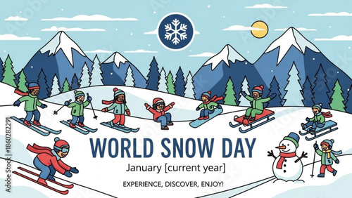 World Snow Day illustration with children skiing snowboarding and sledding in a snowy mountain landscape celebrating winter sports and outdoor fun