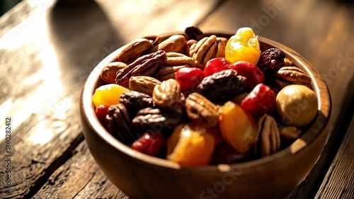 Rustic Bowl of Mixed Nuts and Dried Fruits. A wooden bowl filled with a vibrant assortment of mixed nuts and dried fruits, including almonds, walnuts, raisins, apricots, and hazelnuts. 
