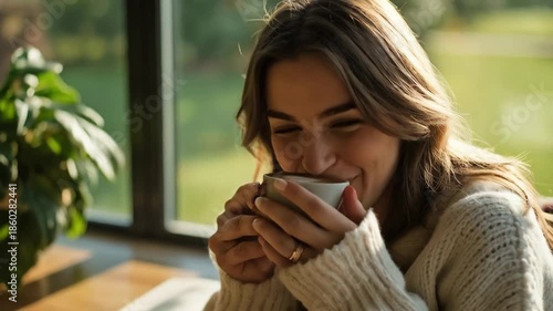Cozy Morning with Coffee and Book by the Window. A serene indoor scene featuring a person in a cream knit sweater holding a steaming cup of coffee or tea near a large sunlit window. 