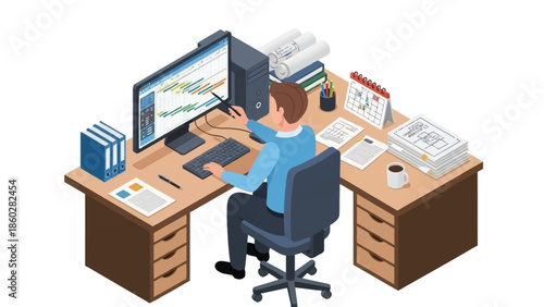 Woman Working on Computer at Desk.