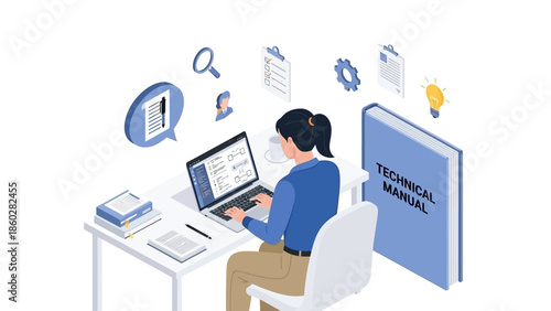 Woman Working on Laptop at Desk.