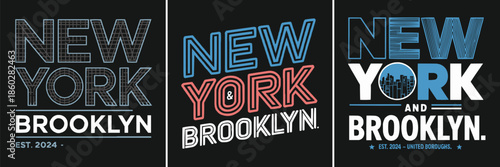 A collection of three stylized graphic designs featuring bold typography for New York and Brooklyn set against a black background.