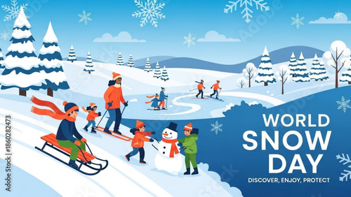Happy families enjoying winter sports and building a snowman on World Snow Day a festive illustration for seasonal promotions and holiday greetings