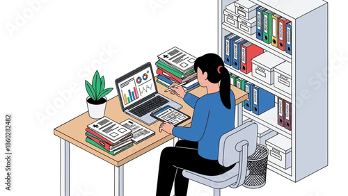 Woman Working on Laptop at Desk.