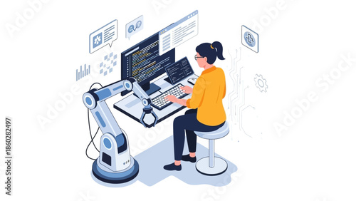 Woman working with robotic arm on computer.