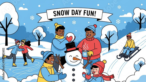 Diverse group of people enjoying a snowy winter day building a snowman and ice skating perfect for holiday and seasonal promotions