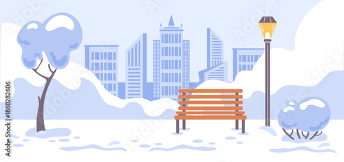 Winter park in a big city with snow-covered paths, bare trees, lampposts casting warm light, distant skyline, benches , soft blue-gray palette and minimal vector style