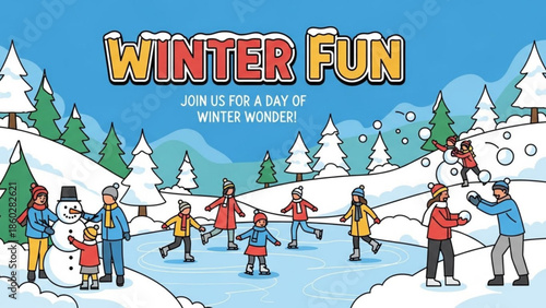 Winter fun scene with people ice skating and building a snowman flat vector illustration for holiday promotion and seasonal events