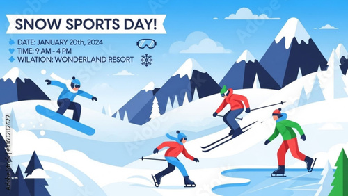 Snow sports day illustration featuring skiers and snowboarders on a snowy mountain slope perfect for winter event promotion or seasonal graphics