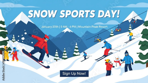 Snow sports day illustration with people snowboarding and skiing on a mountain perfect for winter event promotion and outdoor activity websites