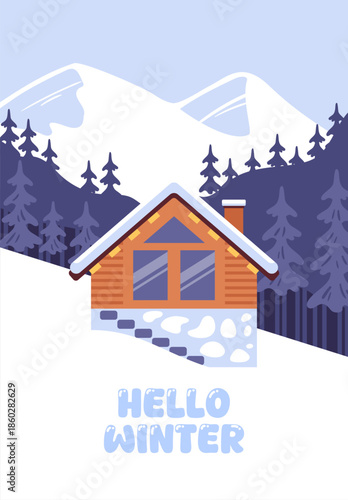 Winter landscape with mountains, chalets, and forest clean vector lines, subtle blues and whites, cozy rustic charm.