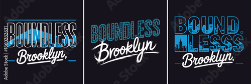 Collection of three distinct graphic design variations featuring the words boundless and Brooklyn with blue urban skyline elements