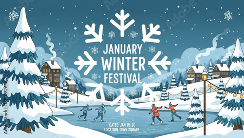 January Winter Festival banner with ice skaters on a frozen pond snow-covered trees and village houses festive holiday illustration for seasonal events