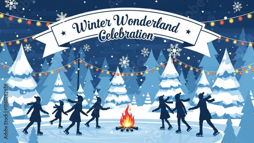 Winter Wonderland Celebration with people ice skating around a bonfire festive lights and snow-covered trees perfect for holiday invitations and seasonal promotions