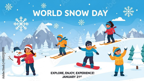 World Snow Day celebration with children skiing snowboarding and building a snowman set against a snowy mountain landscape with snowflakes perfect for winter sports promotion
