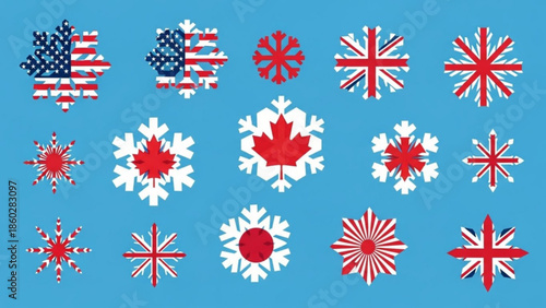 Collection of snowflake icons featuring national flags of USA Canada UK and Japan representing winter travel and international weather isolated on blue background