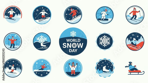 Collection of World Snow Day icons featuring winter sports and activities flat vector illustrations for holiday promotion and design elements