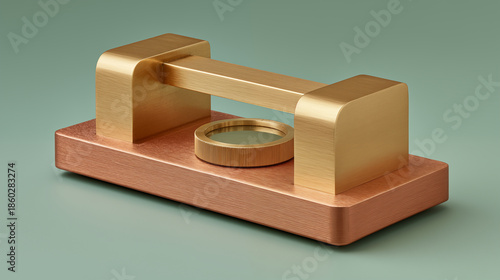 Modern handle with copper and gold finish on wooden platform base, luxury minimalist hardware design concept