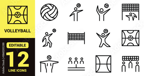Set of 12 black and white volleyball icons featuring players, court, net, ball, team actions, and dynamic sport movements