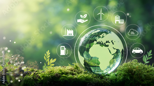Eco friendly sustainable earth with green forest and icons representing renewable energy sources and environmentally friendly practices for a cleaner future