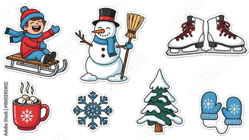 Winter holiday icons collection featuring a happy child on a sled a snowman with a broom ice skates hot chocolate snowflakes and a snow-covered tree perfect for seasonal design