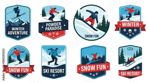 Emblematic Winter Sports Badges: A vibrant collection of badges showcases the thrill of winter sports, including skiing, snowboarding, and sledding.