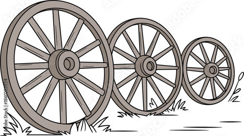 Wooden cart wheel vector set, hand drawn antique wagon wheels in grass isolated on white background