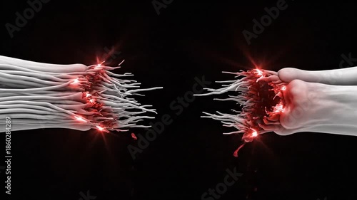 Achilles tendon injury close-up showing torn fibers and inflammation in a medical illustration