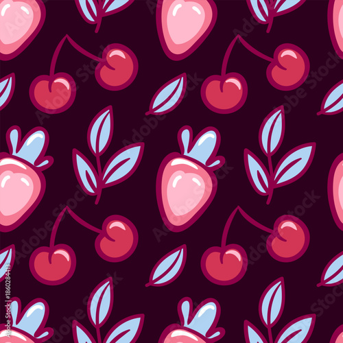 Seamless vector pattern of vibrant red strawberries and cherries with green leaves and stems. Perfect for backgrounds, textiles, and prints. Sweet and juicy summer design.