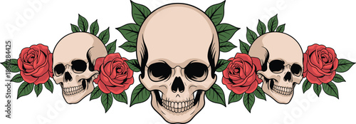 Skulls and roses vector illustration, decorative horizontal border with human skulls, red roses, and green leaves isolated on white