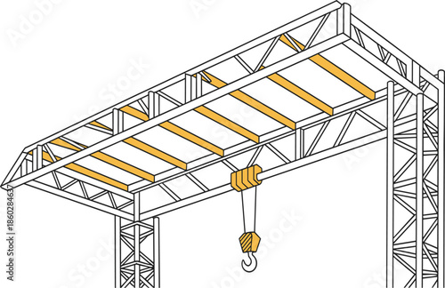 Industrial gantry crane vector, overhead bridge crane with hook on metal truss structure for construction and warehouse
