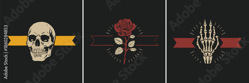 Set of three vintage graphic emblems featuring a skull a rose and a skeletal hand with banner accents