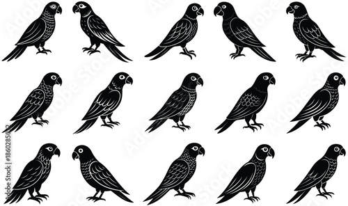 Silhouette birds flying in diagonal direction, black vector animal group artwork, isolated bird shapes in air, wildlife motion concept, cad drawing flat vector illustration