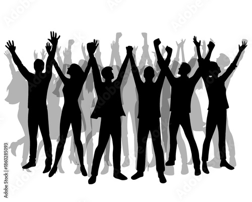 Silhouette of people raising their hands in cheering, vector illustration, model 1
