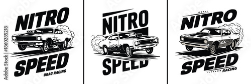 Vintage muscle car illustrations feature bold nitro speed and drag racing themes perfect for apparel design