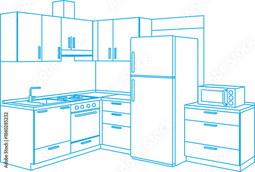 Modern kitchen interior vector illustration, isometric line art of a modular kitchen with cabinets, refrigerator, stove, and microwave