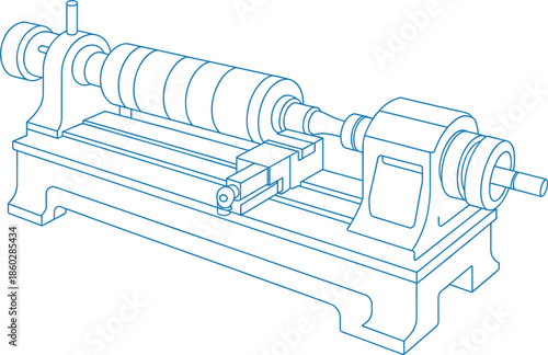Industrial lathe machine vector illustration, isometric line art of a metalworking engine lathe for manufacturing and engineering