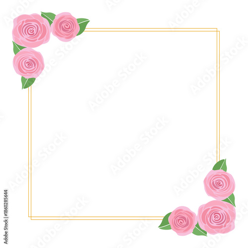 Pink roses floral square frame. Decorative element for celebration, birthday, wedding, holiday, invitation, announcement. Vector illustration. isolated on white.