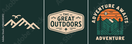 Collection of vintage inspired outdoor adventure badges featuring stylized mountains birds and retro forest sunset designs