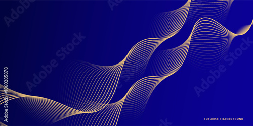 Abstract luxury blue gradient with shining gold flowing lines. Modern luxury line wave pattern background suitable for banner, poster, award, brochure, cover, flayer.