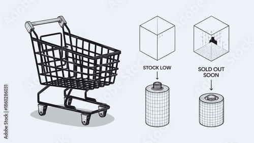 Illustration depicting retail inventory management concepts including a shopping cart and product stock level indicators for low and sold out items.