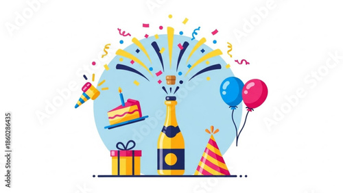 Celebration illustration with champagne bottle, cake, gift, balloons, and party hat on white background, festive party decorations