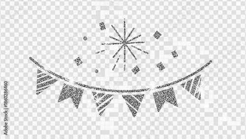 Hand drawn black and white party bunting with starburst decoration on transparent background