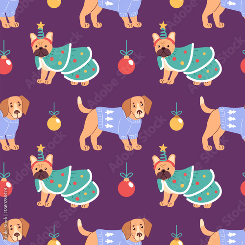 a merry seamless pattern with a bulldog in a christmas tree costume and a beagle in an ugly sweater, surrounded by festive ornaments.