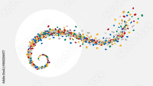 Colorful confetti swirling in a spiral shape on a white background, vibrant multicolored fragments in a dynamic motion